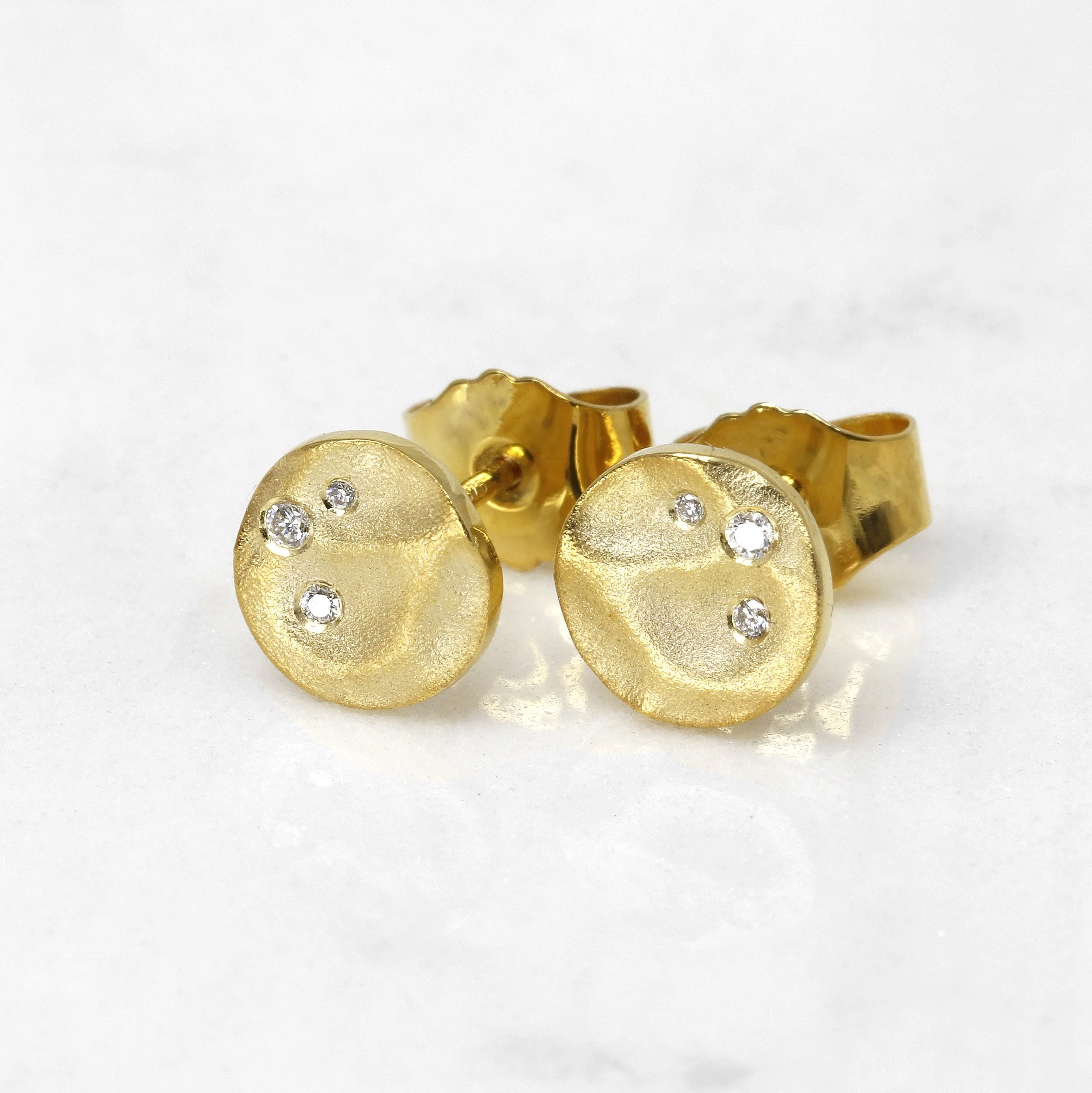 Molten Disc Stud Earrings with Diamonds in Yellow Gold