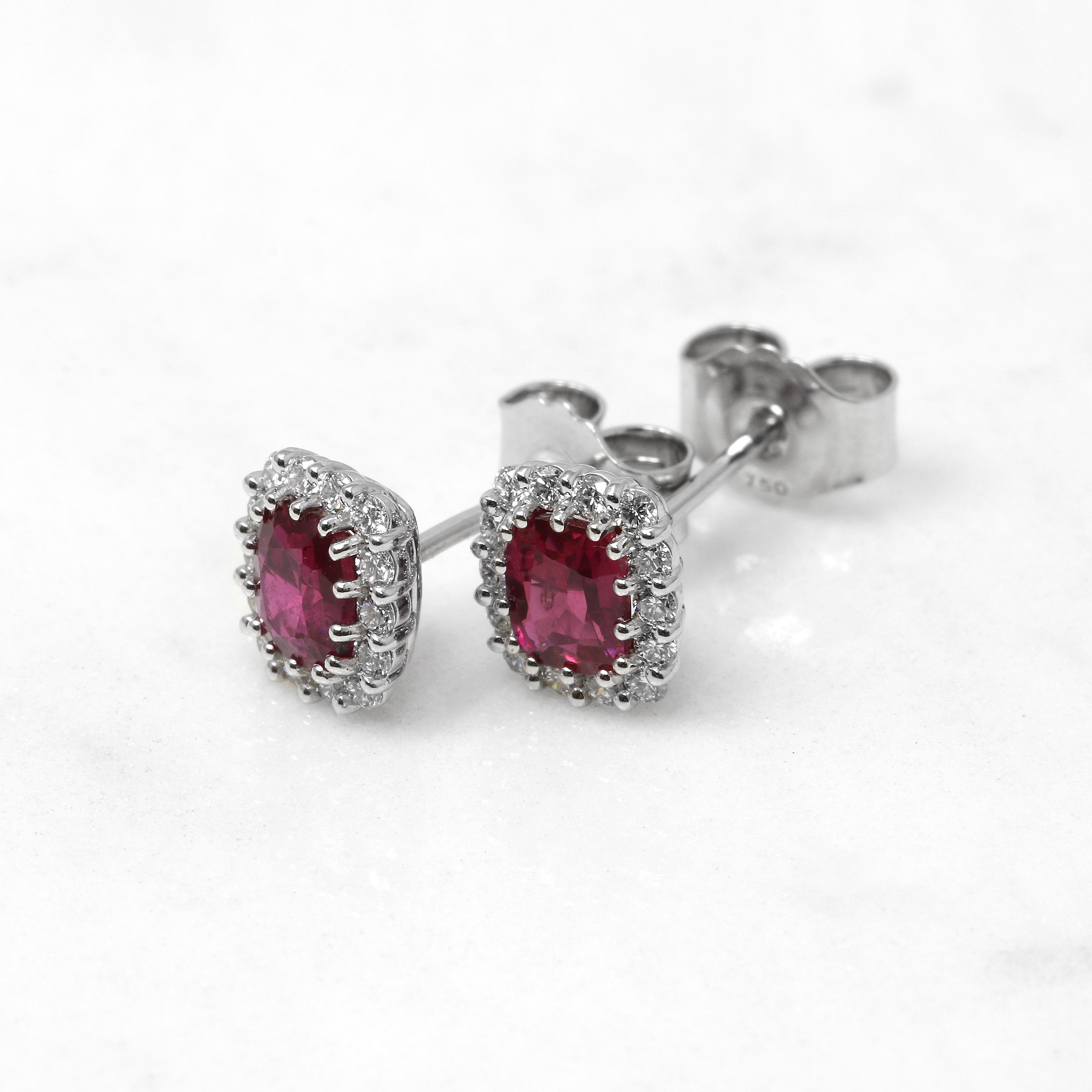 Ruby and Diamond Halo Cluster Earrings in 18ct White Gold