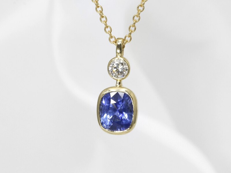 Cushion Shape Sapphire & Diamond Pendant in Yellow Gold