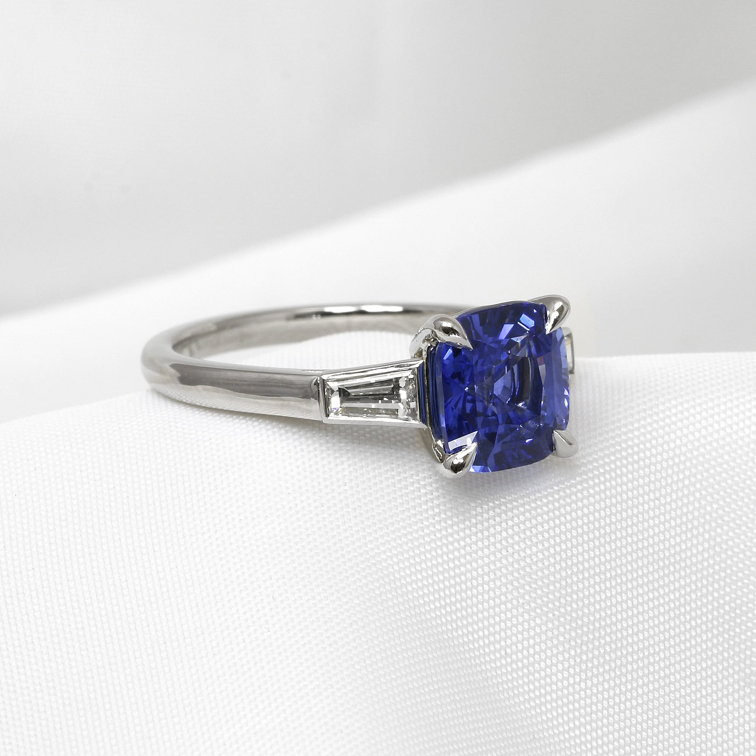 Cushion Sapphire and Baguette Diamond Platinum Ring