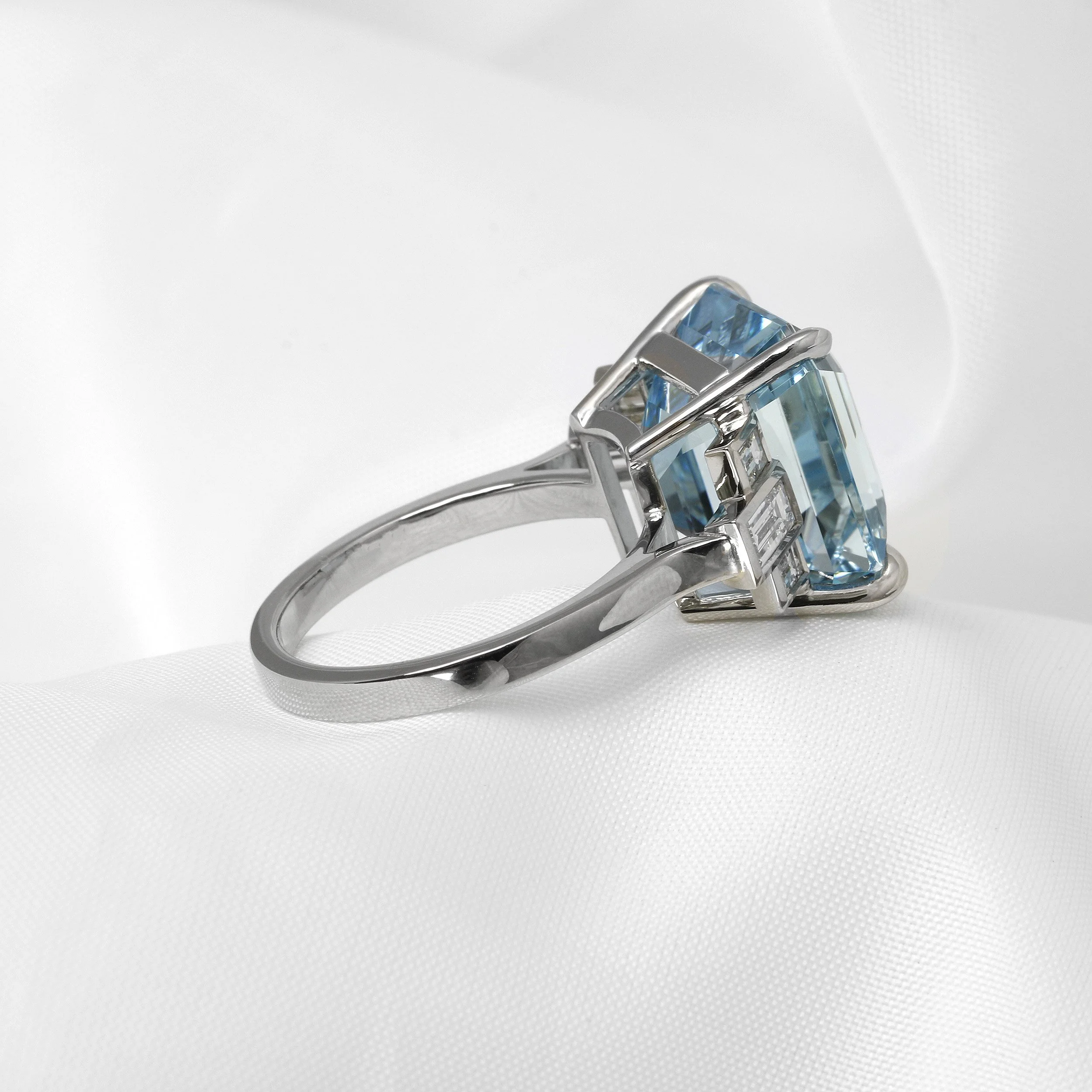 Aquamarine and Baguette Diamond Platinum Ring