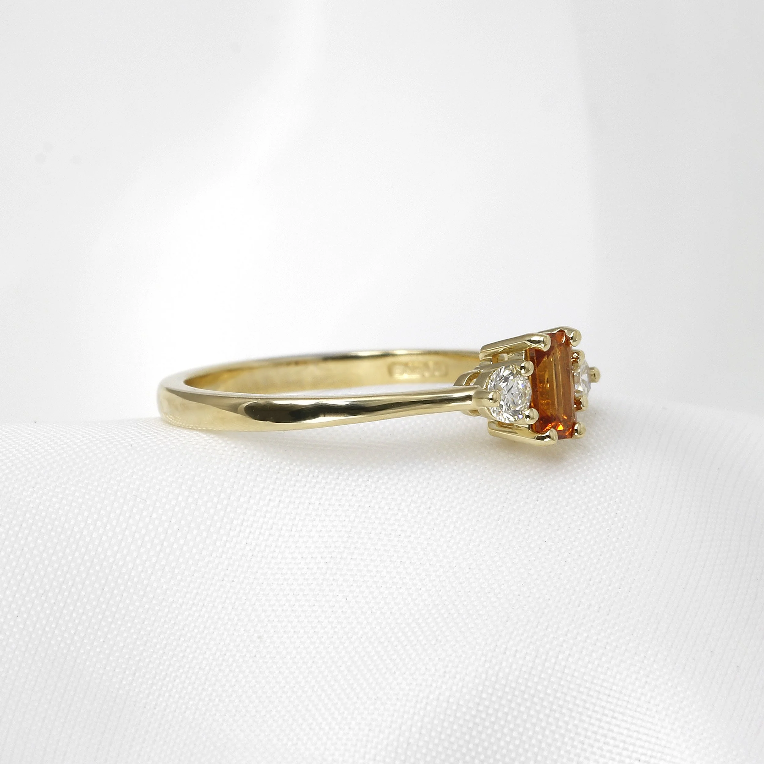 Mandarin Garnet and Diamond Three Stone Ring in Yellow Gold