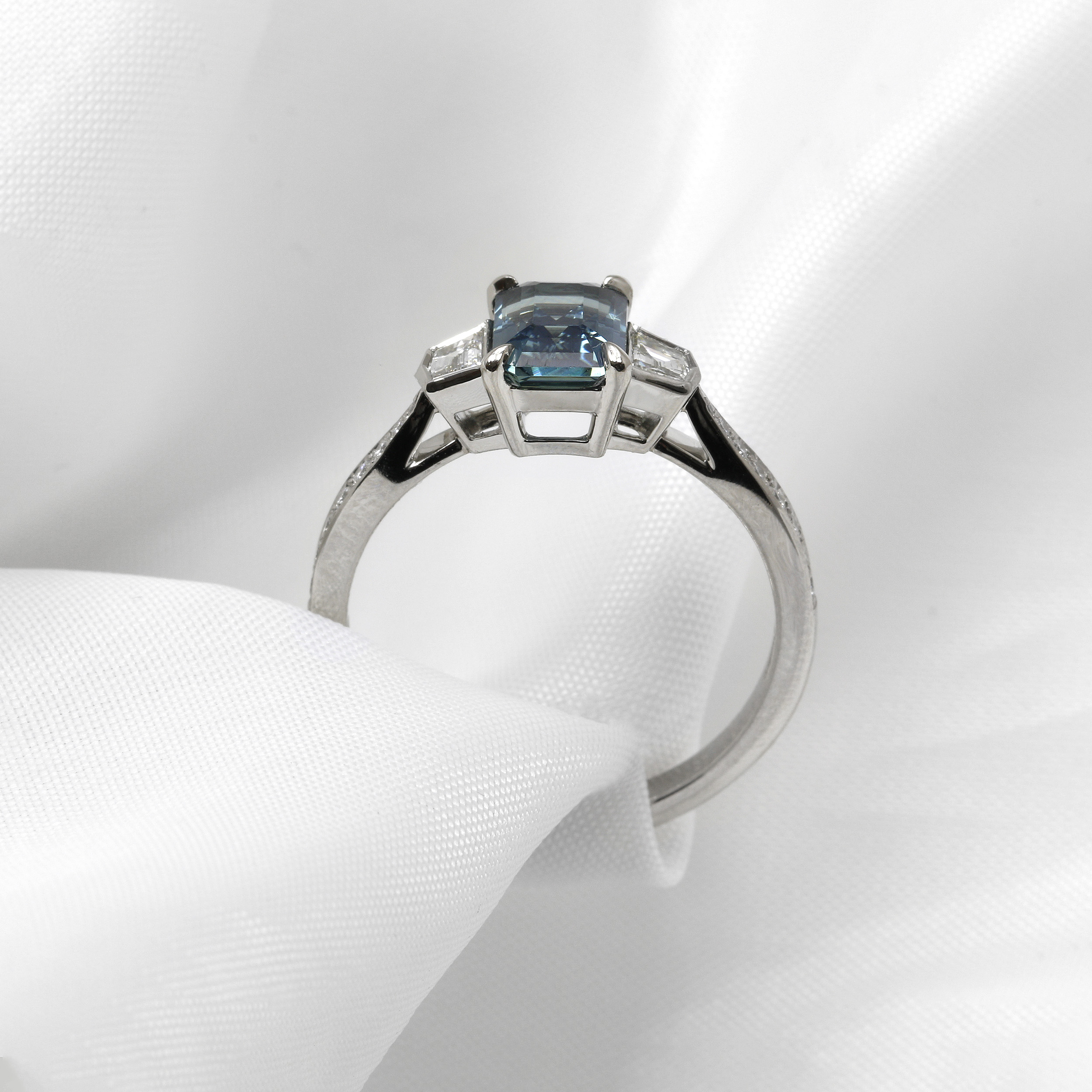Teal Sapphire and Diamond Ring in Platinum