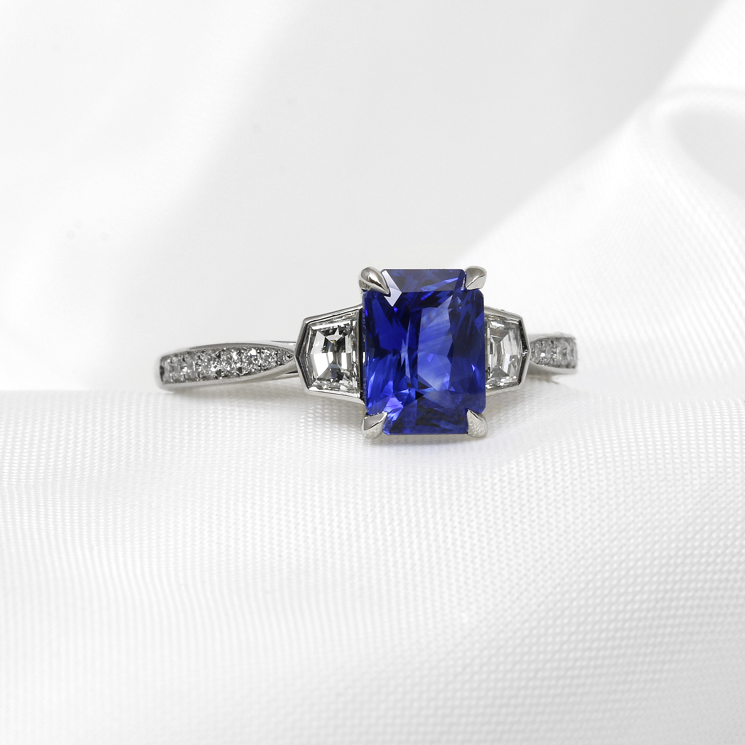 Sapphire and Cadillac Diamond Ring in Platinum