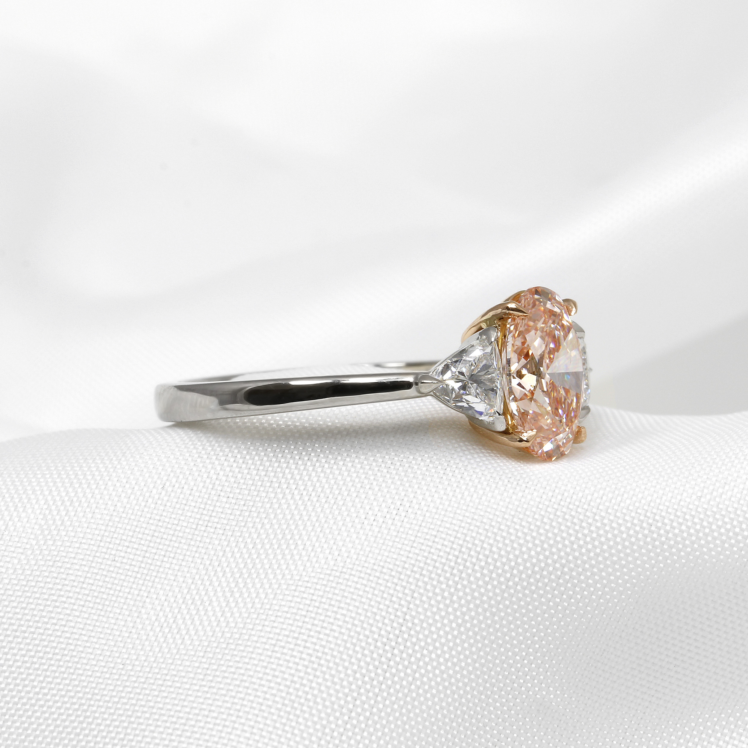 Laboratory Created Pink Oval and Trilliant Cut Diamond Three Stone Ring