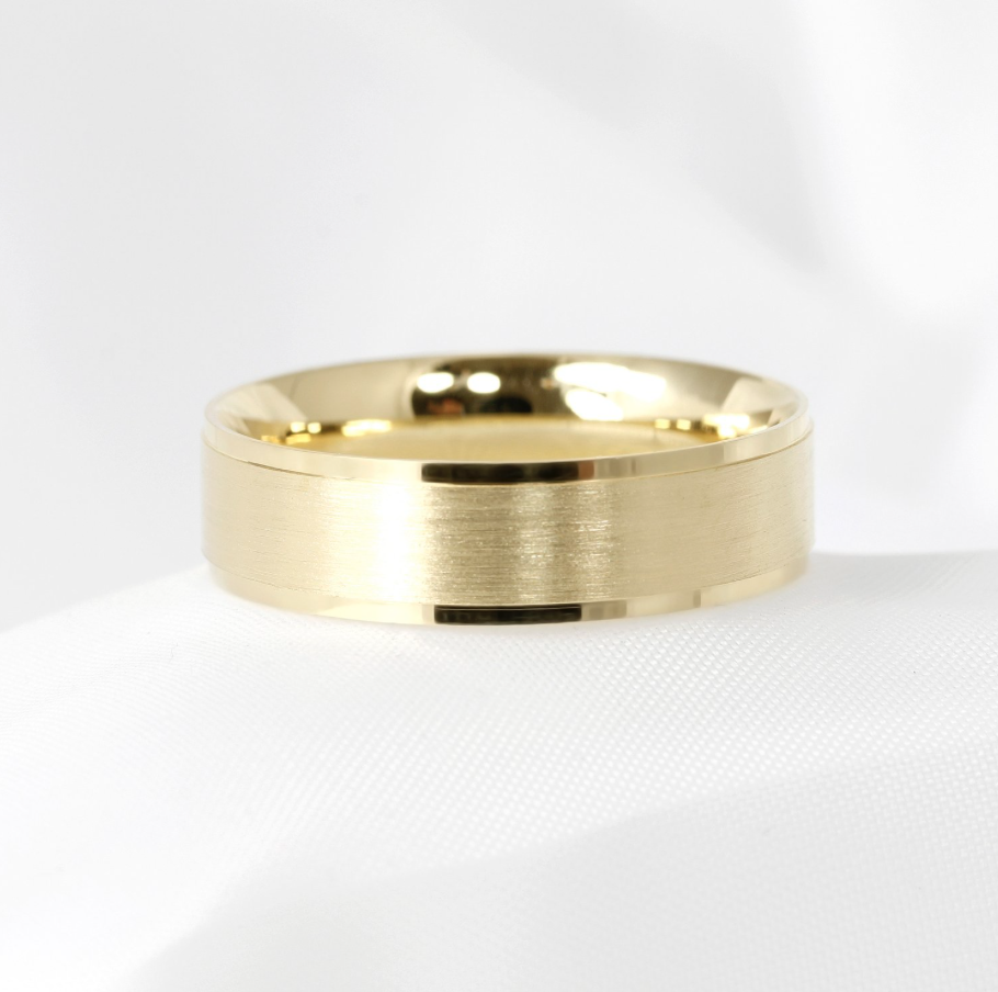 Men's yellow gold wedding band with satin finish
