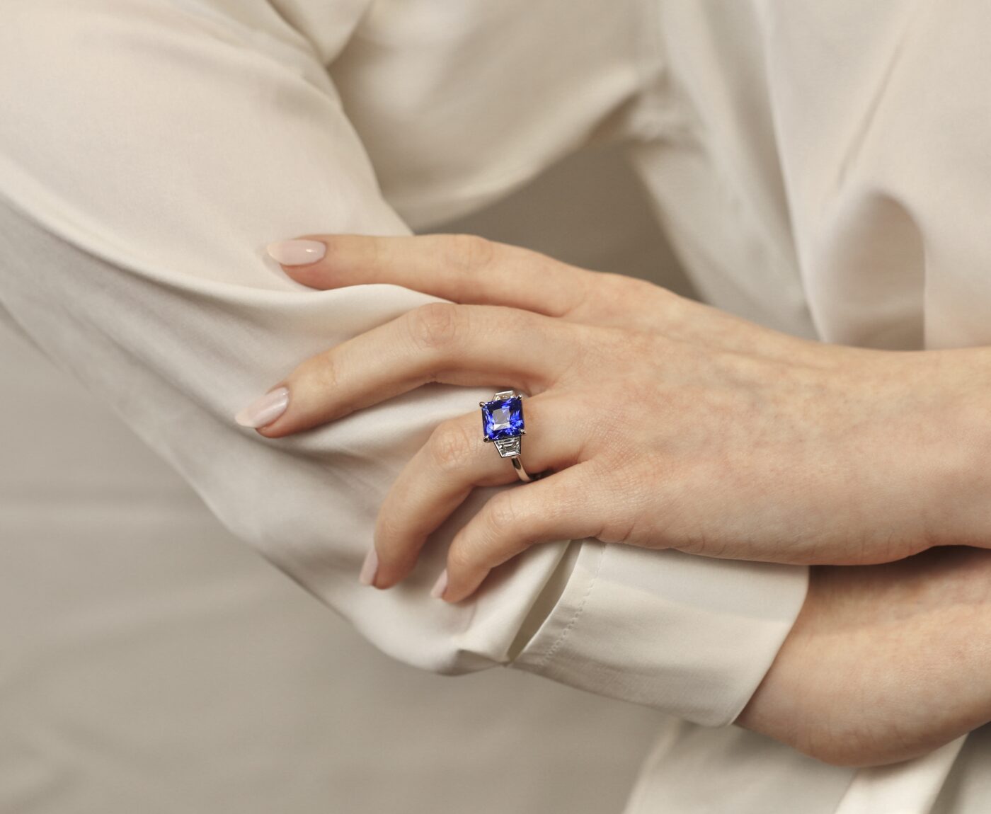 Cushion Sapphire and Diamond Three Stone Ring