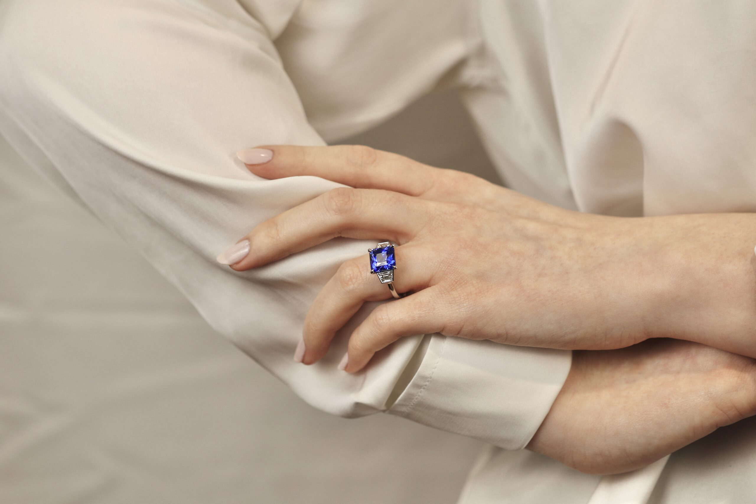Cushion Sapphire and Diamond Three Stone Ring