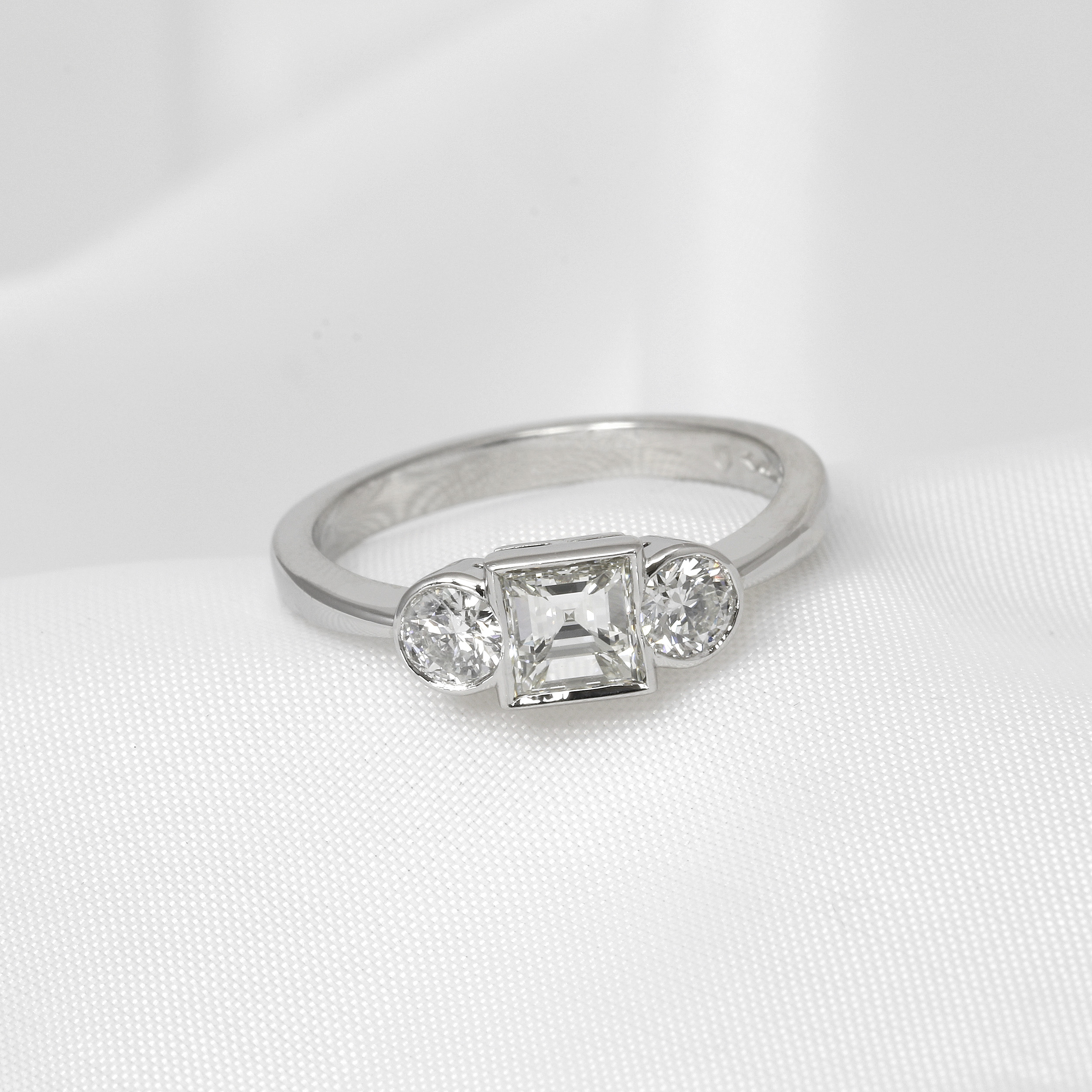 Carré-Cut Three Stone Diamond Ring in Platinum