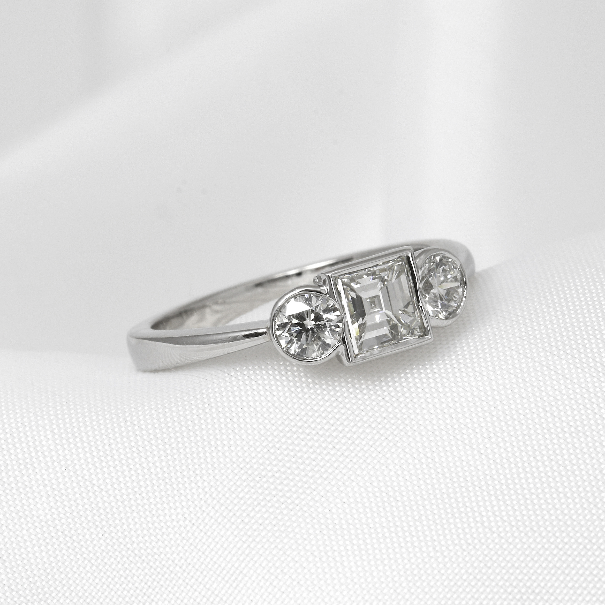 Carré-Cut Three Stone Diamond Ring in Platinum
