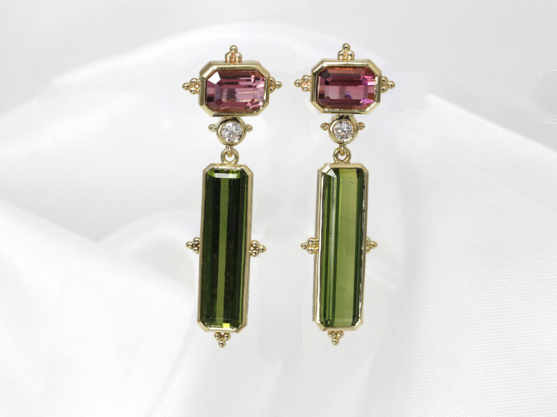 Green and Pink Tourmaline Drop Earrings in 9ct Yellow Gold