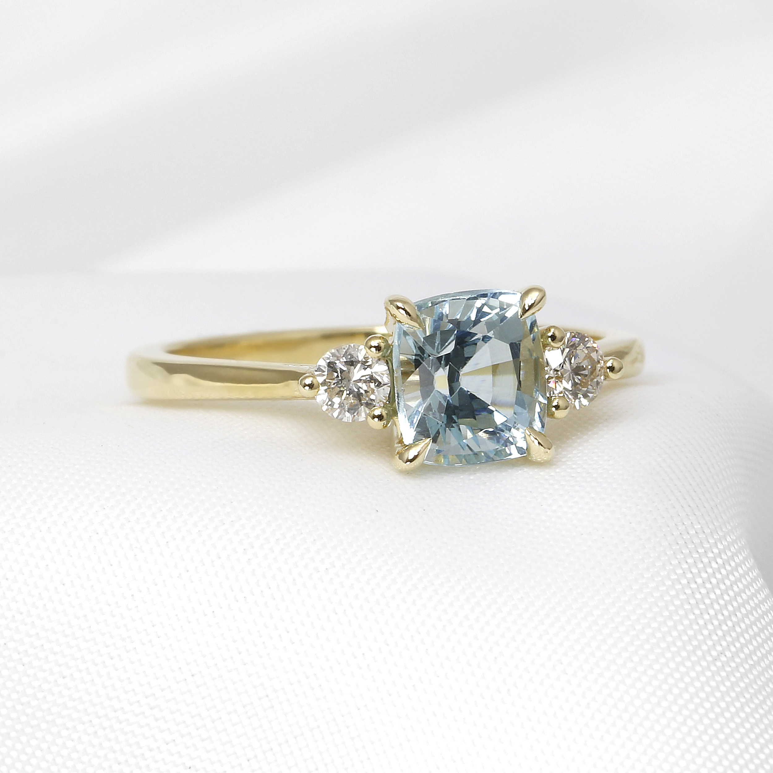 Aquamarine and Diamond Three Stone Ring in 9ct Yellow Gold