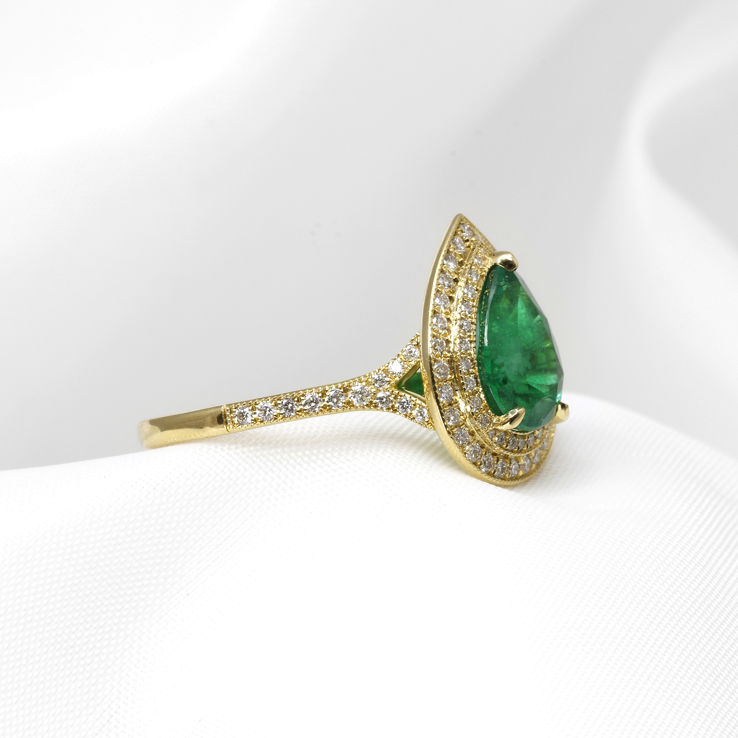 Emerald and Diamond Pear Shape Double Halo Ring in 18ct Yellow Gold