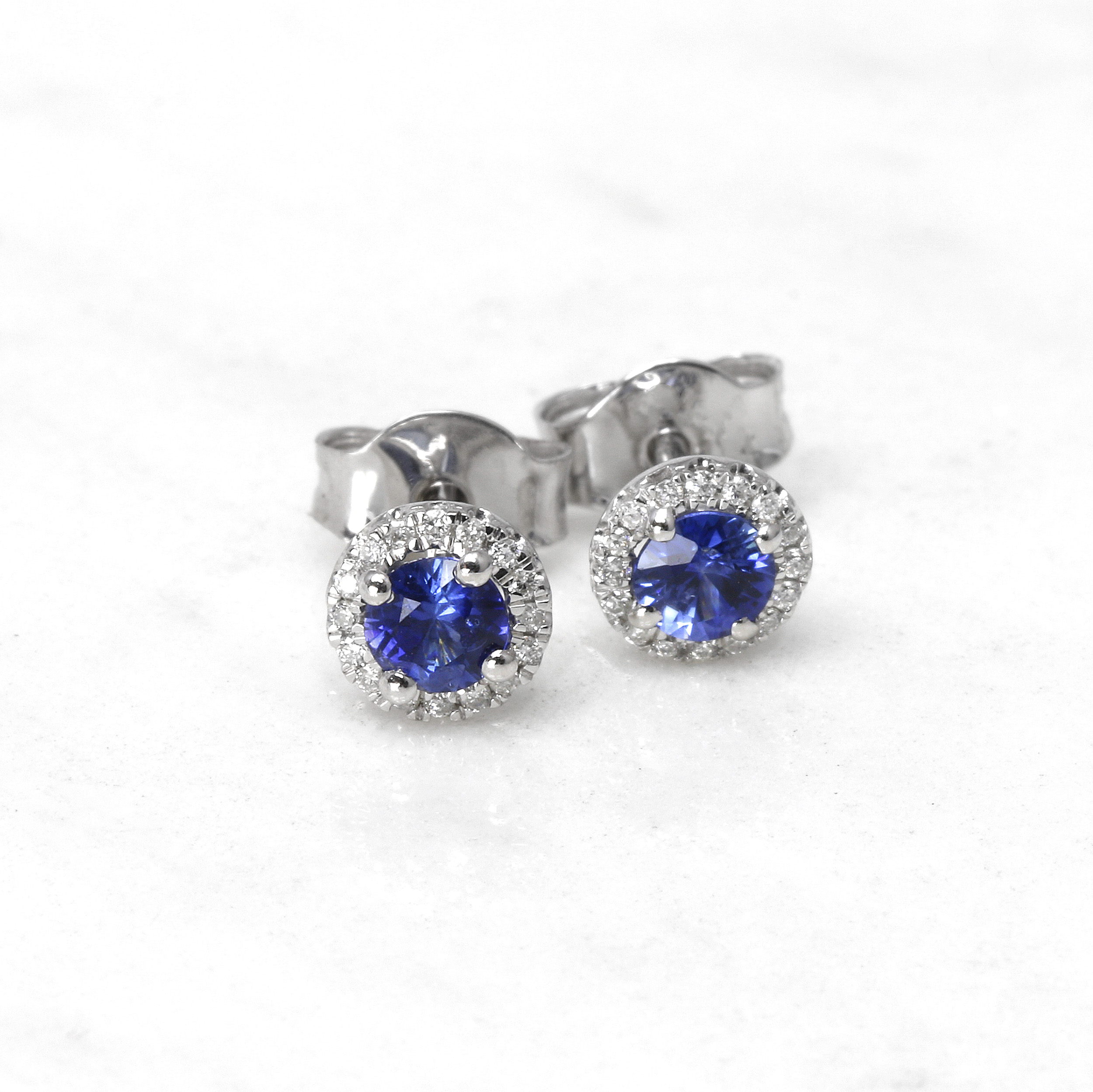 Round Sapphire and Diamond Cluster Stud Earrings