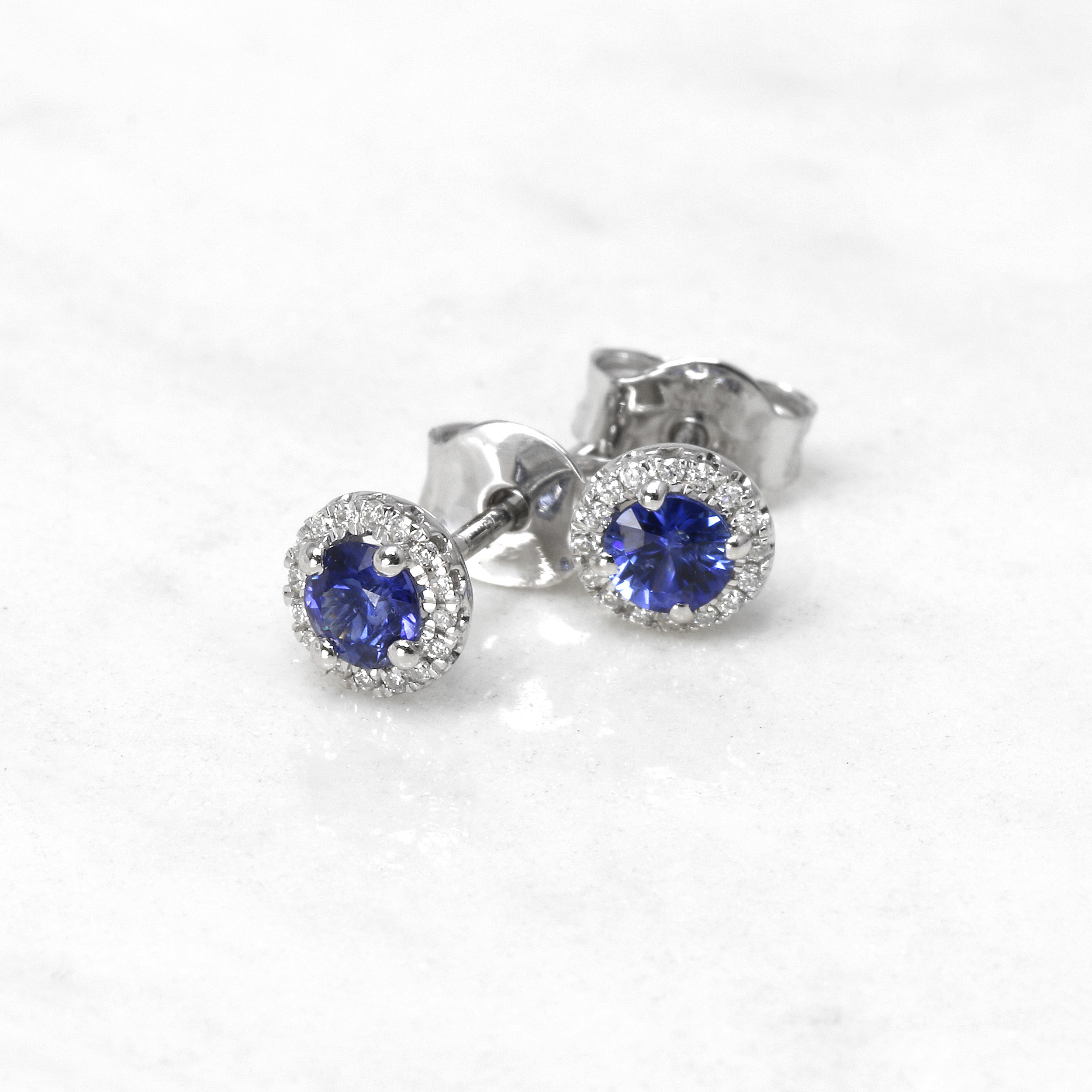 Round Sapphire and Diamond Cluster Stud Earrings