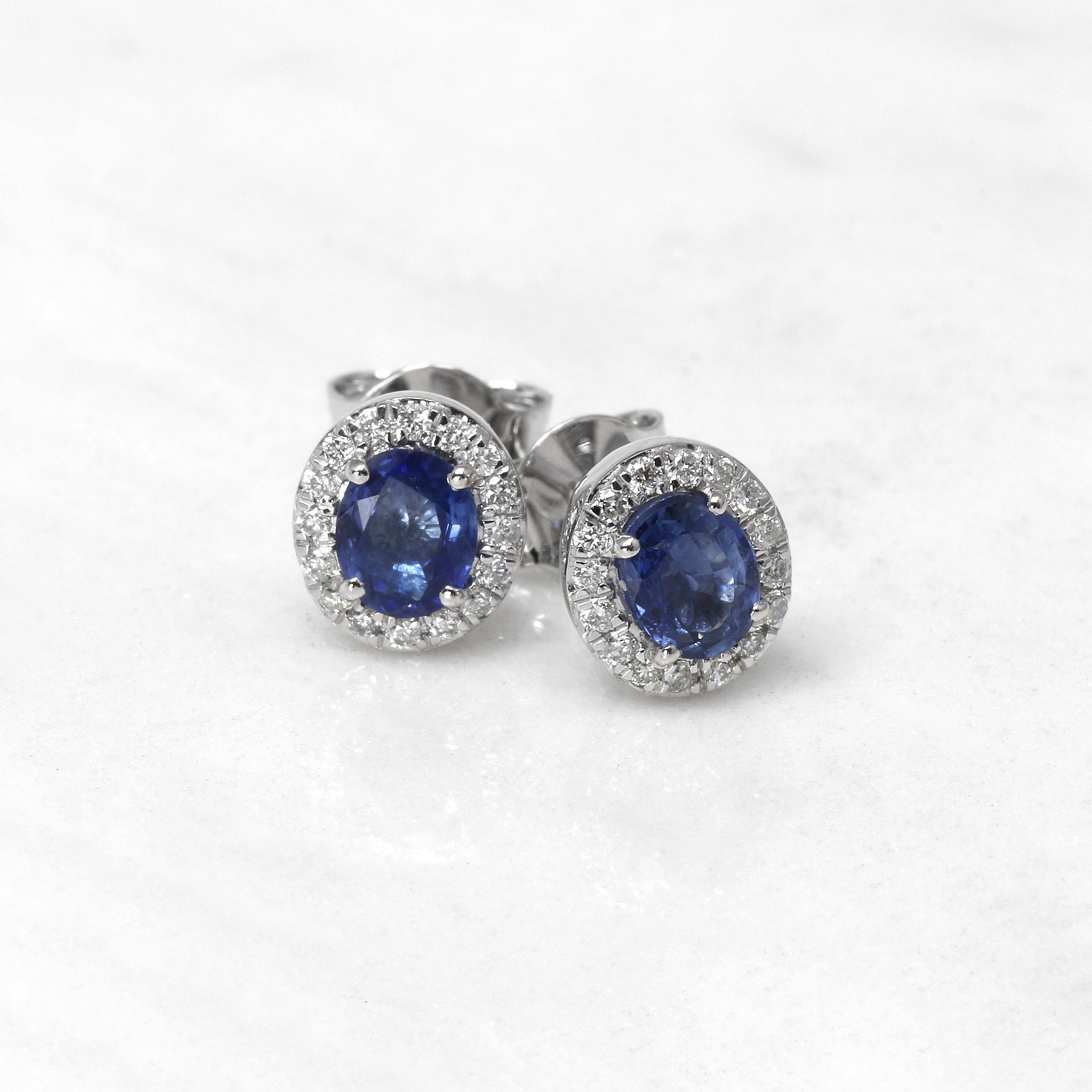 Oval Sapphire and Diamond Cluster Stud Earrings