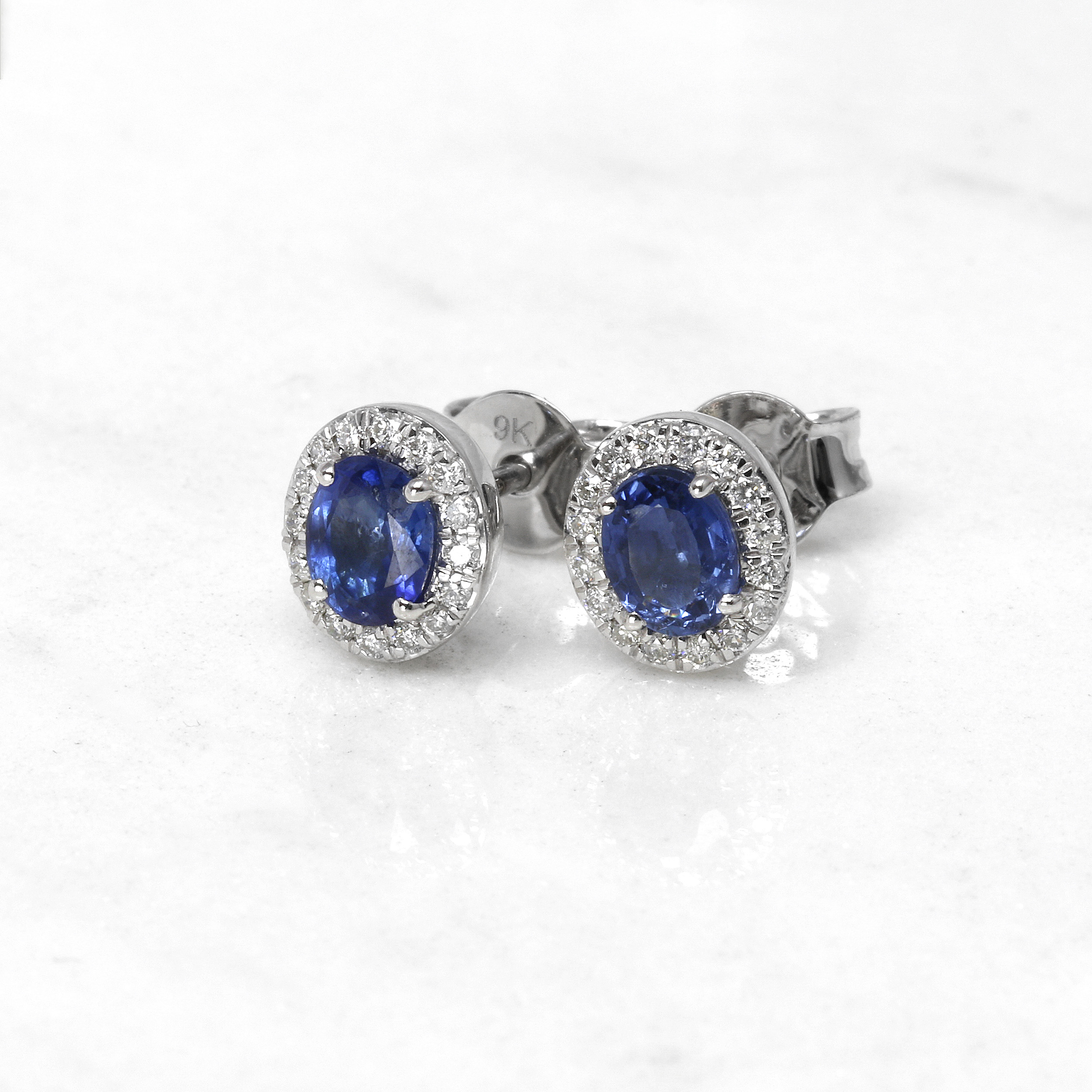 Oval Sapphire and Diamond Cluster Stud Earrings