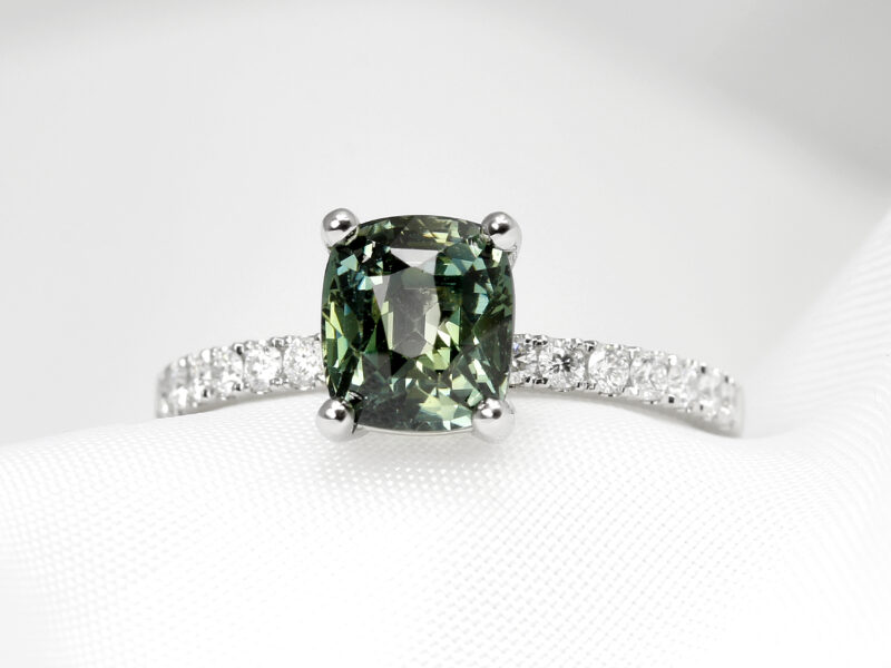 Bespoke Commission Engagement Ring with Green Sapphire and Diamond Shoulders in Platinum 2024