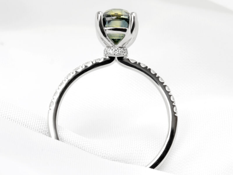 Bespoke Commission Engagement Ring with Green Sapphire and Diamond Shoulders in Platinum 2024
