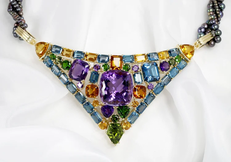 October 2024 - Amethyst, Topaz, Citrine, Chrome Diopside, Tourmaline in Yellow Gold with Freshwater Black Pearls