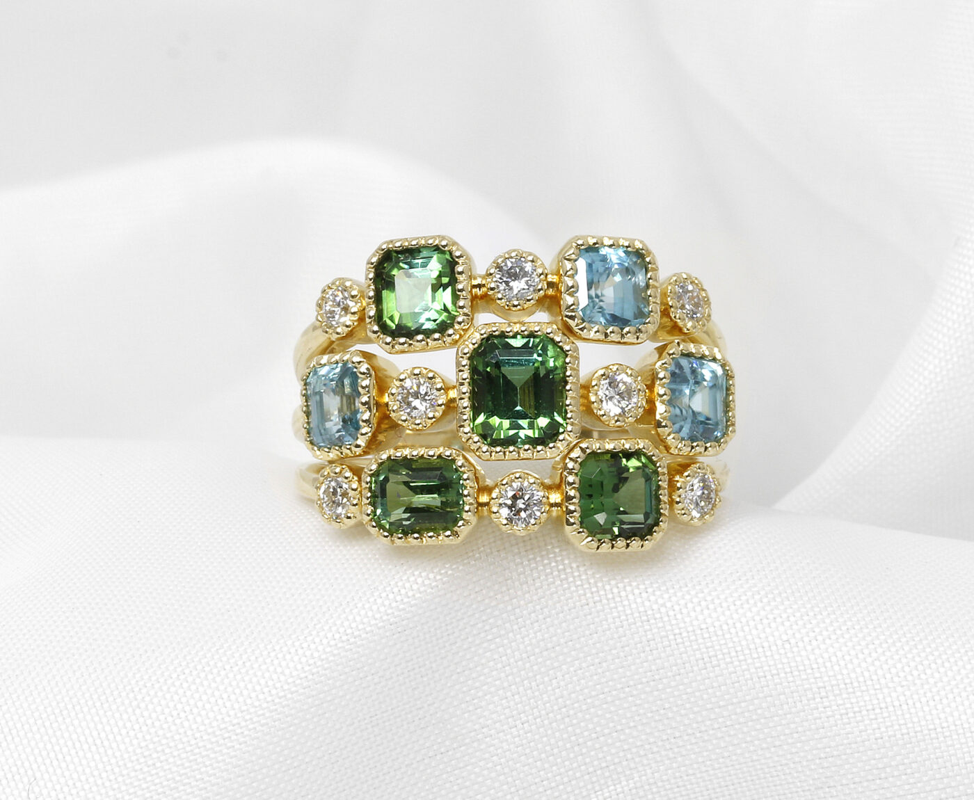 Tourmaline, Zircon and Diamond Multi-band Ring in 9ct Yellow Gold