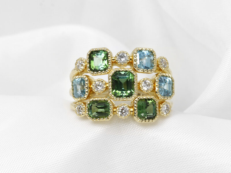 Tourmaline, Zircon and Diamond Multi-band Ring in 9ct Yellow Gold