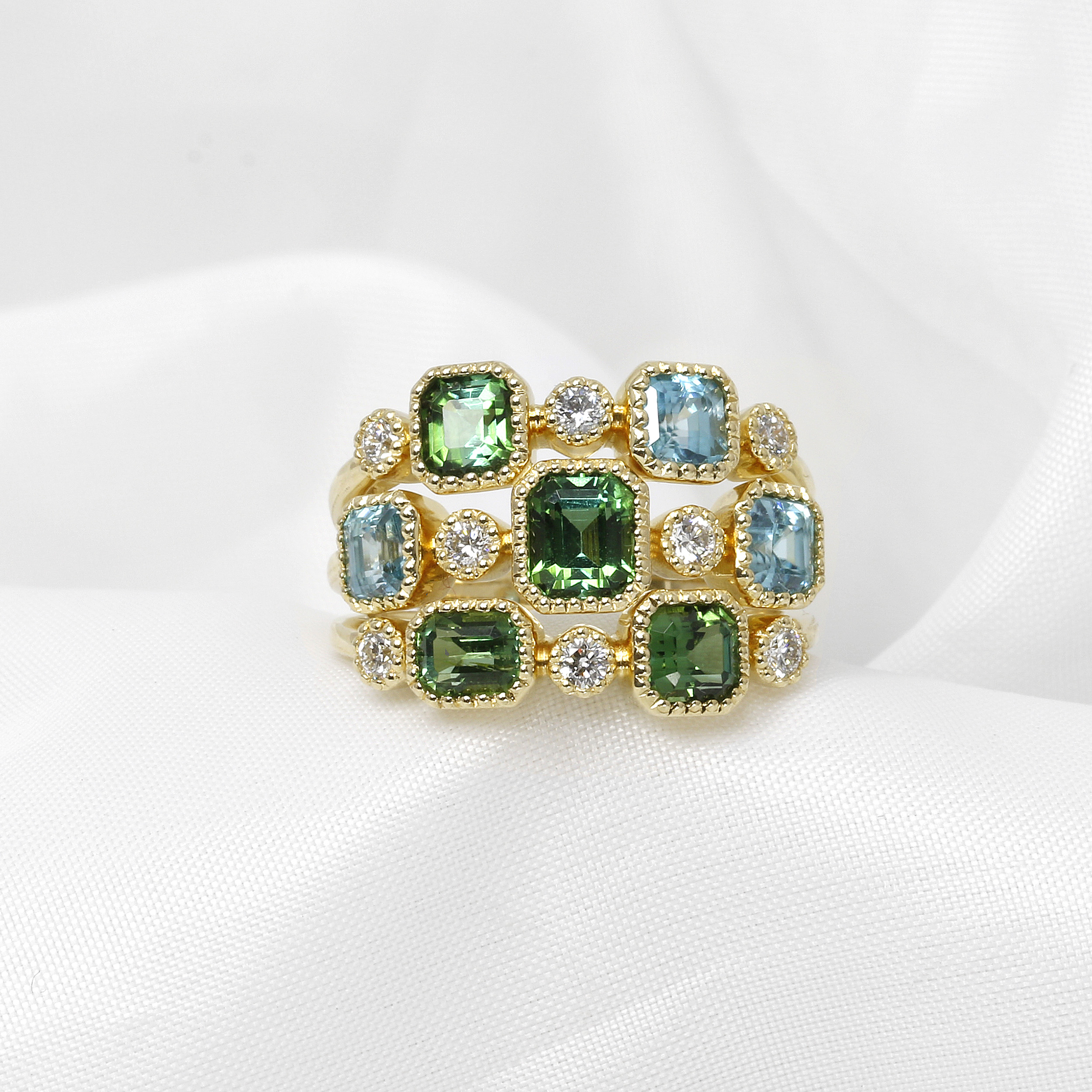 Tourmaline, Zircon and Diamond Multi-band Ring in 9ct Yellow Gold