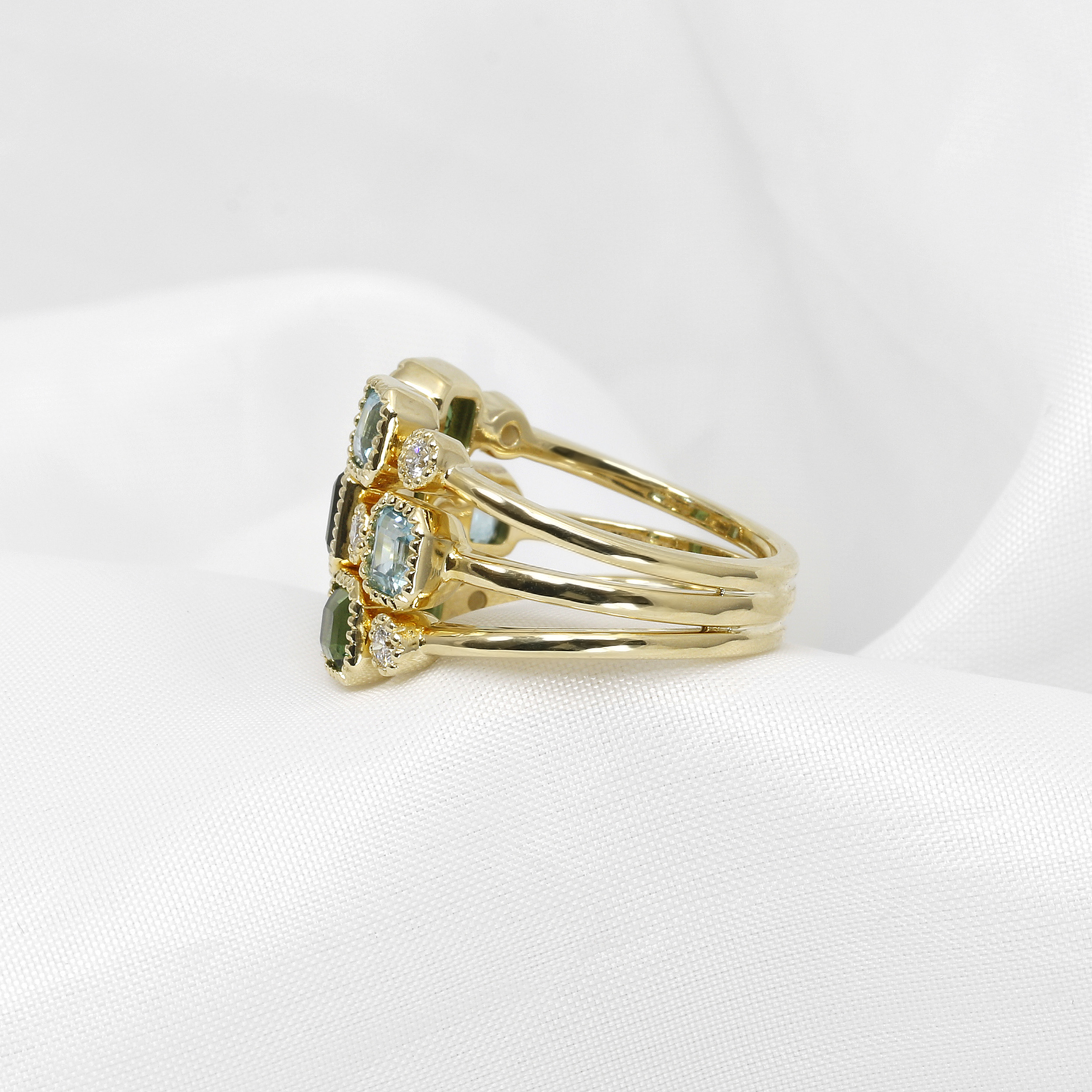 Tourmaline, Zircon and Diamond Multi-band Ring in 9ct Yellow Gold