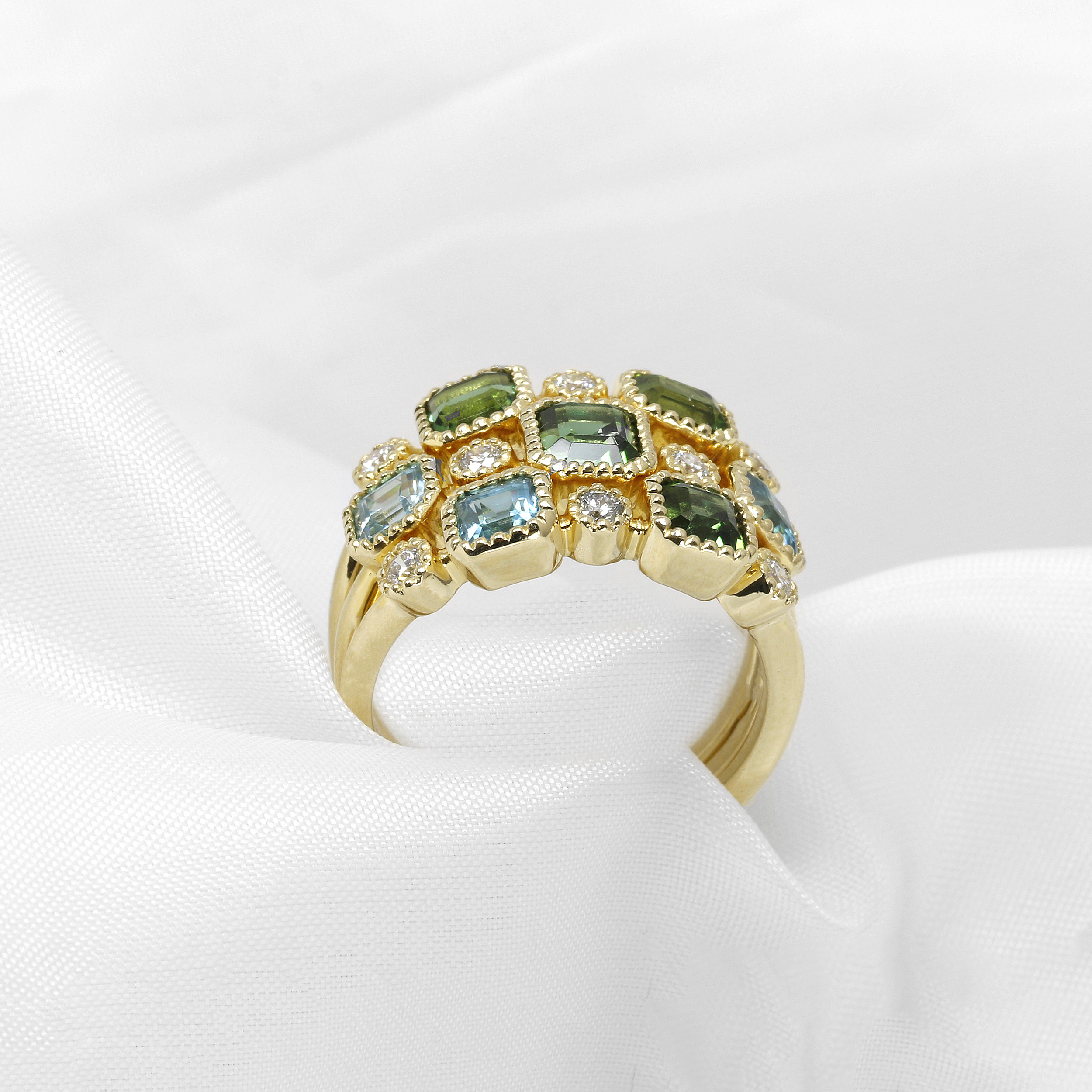 Tourmaline, Zircon and Diamond Multi-band Ring in 9ct Yellow Gold