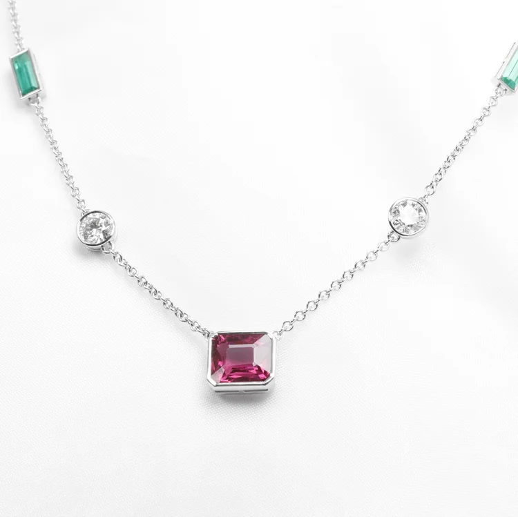 August 2023 - Pink Tourmaline, Diamonds & Emeralds in White Gold