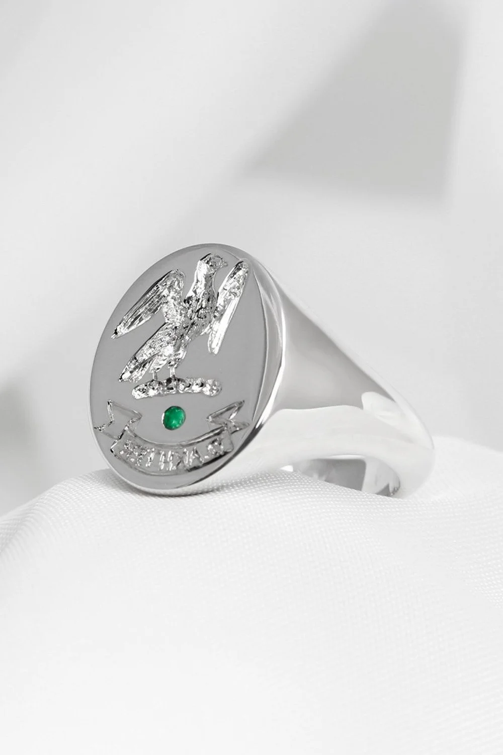 December 2021 - Sterling Silver Signet Ring with Emerald & Seal Engraved Crest