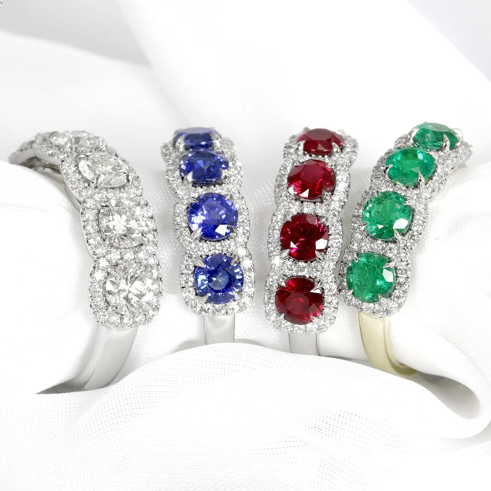 December 2022 - Halo Rings with Sapphires, Rubies, Emeralds, Diamonds in Platinum & Yellow Gold 1