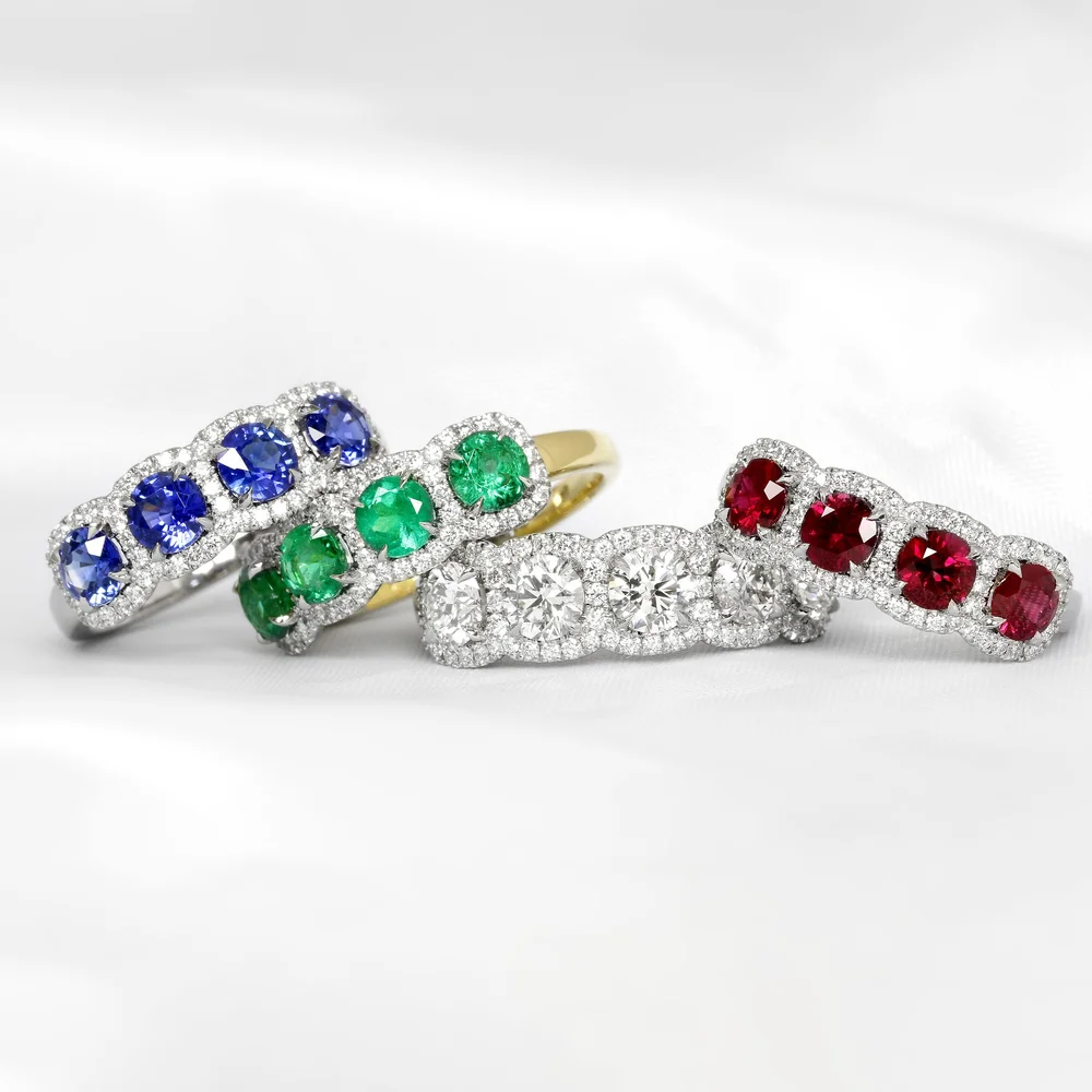 December 2022 - Halo Rings with Sapphires, Rubies, Emeralds, Diamonds in Platinum & Yellow Gold