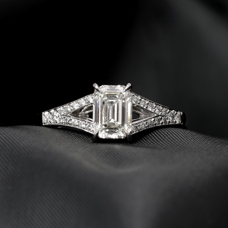 February 2023 - Emerald Cut Diamond and Round Diamonds in Platinum