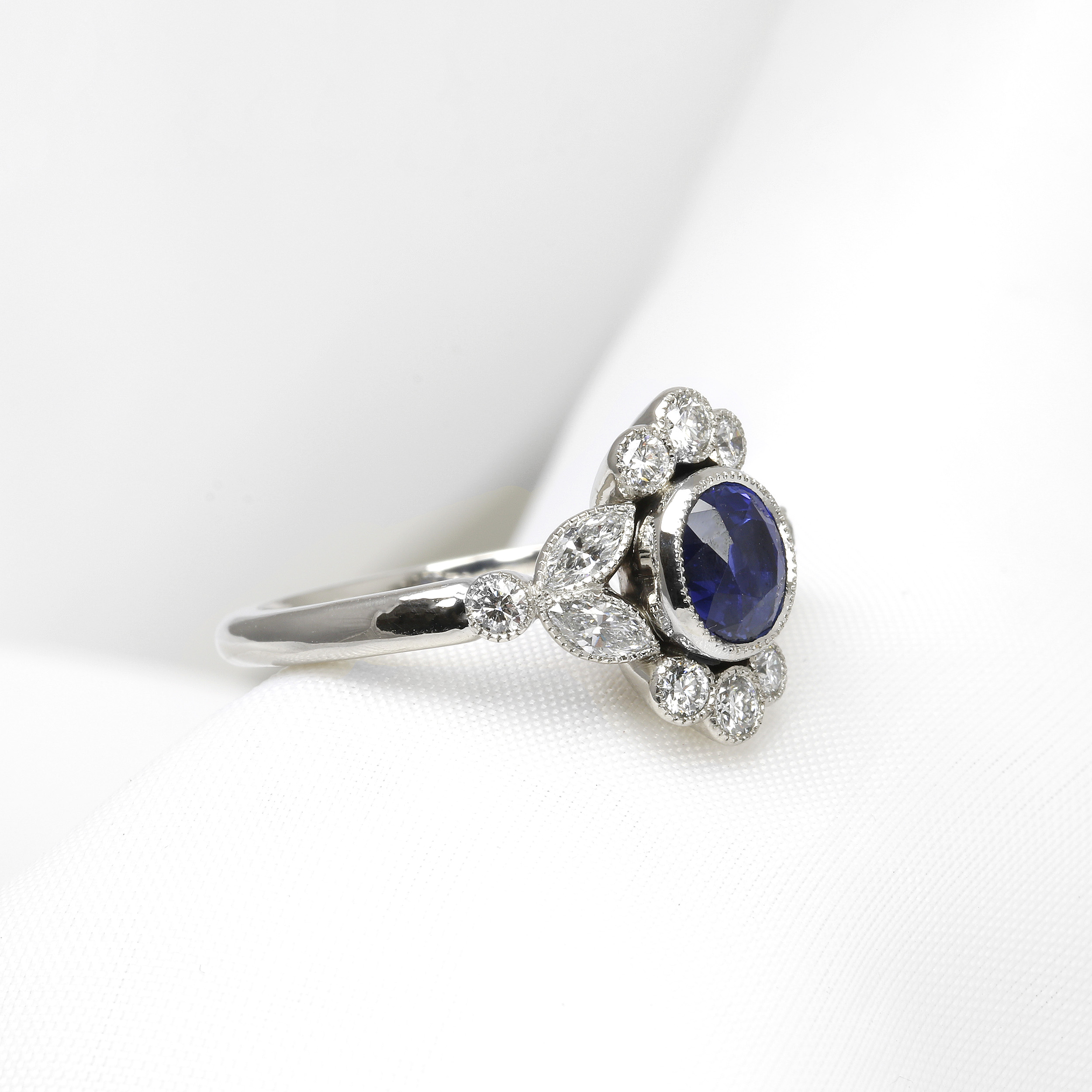 Sapphire and Diamond Cluster Ring in Platinum