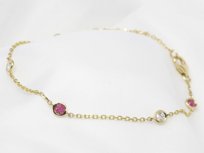 Pink Sapphire and Diamond Station Bracelet in Yellow Gold