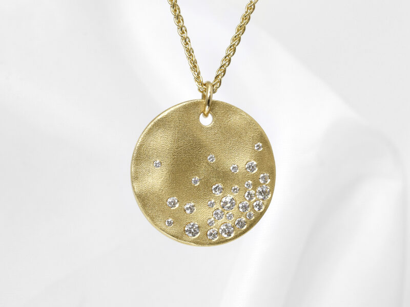 18ct Gold Large Molten Disc Pendant with Diamonds