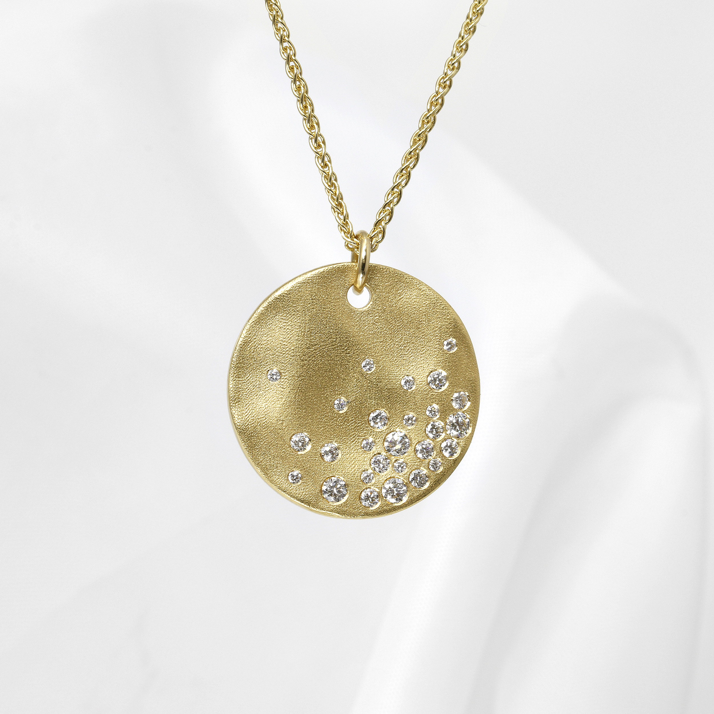 18ct Gold Large Molten Disc Pendant with Diamonds