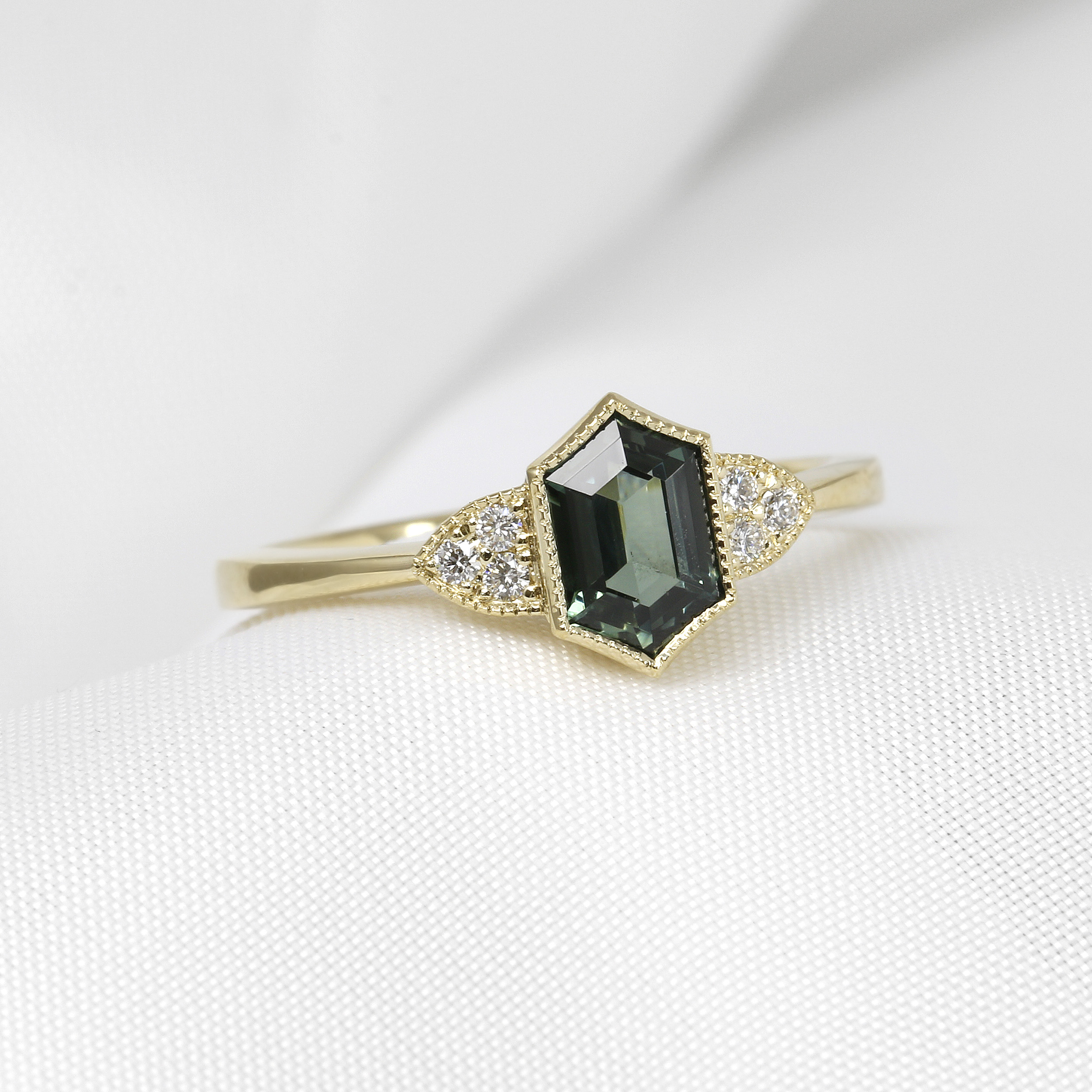 Green Sapphire and Diamond Ring in 9ct Yellow Gold
