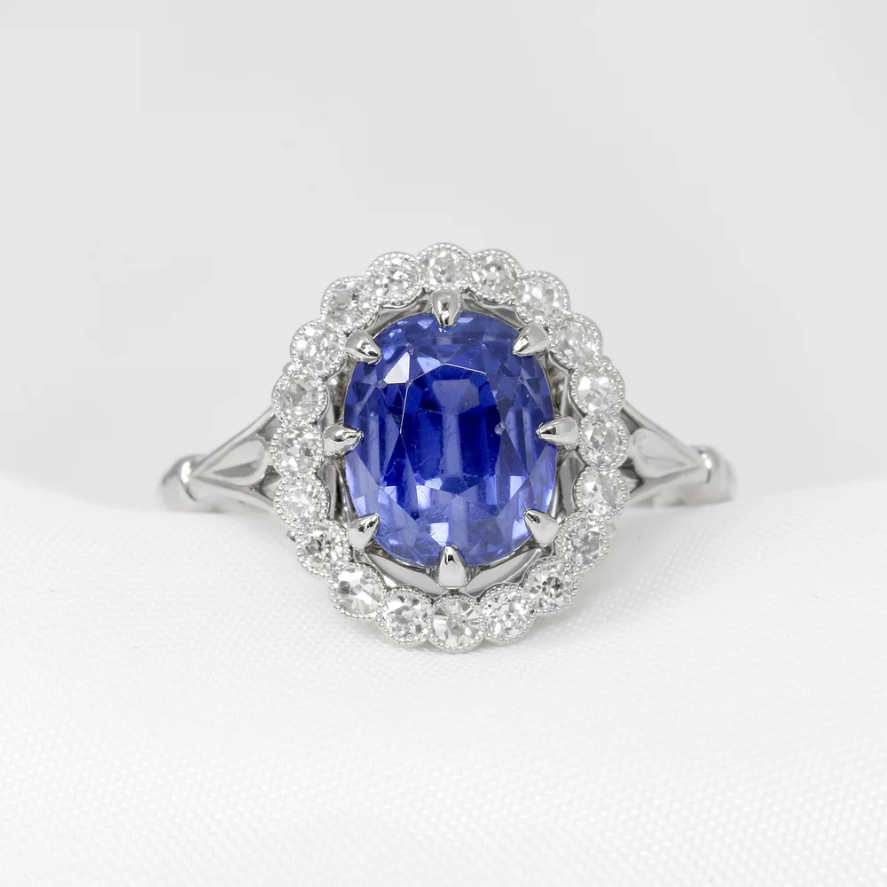 June 2024 - Client Supplied Oval Blue Sapphire and Old European Cut Diamonds and Platinum