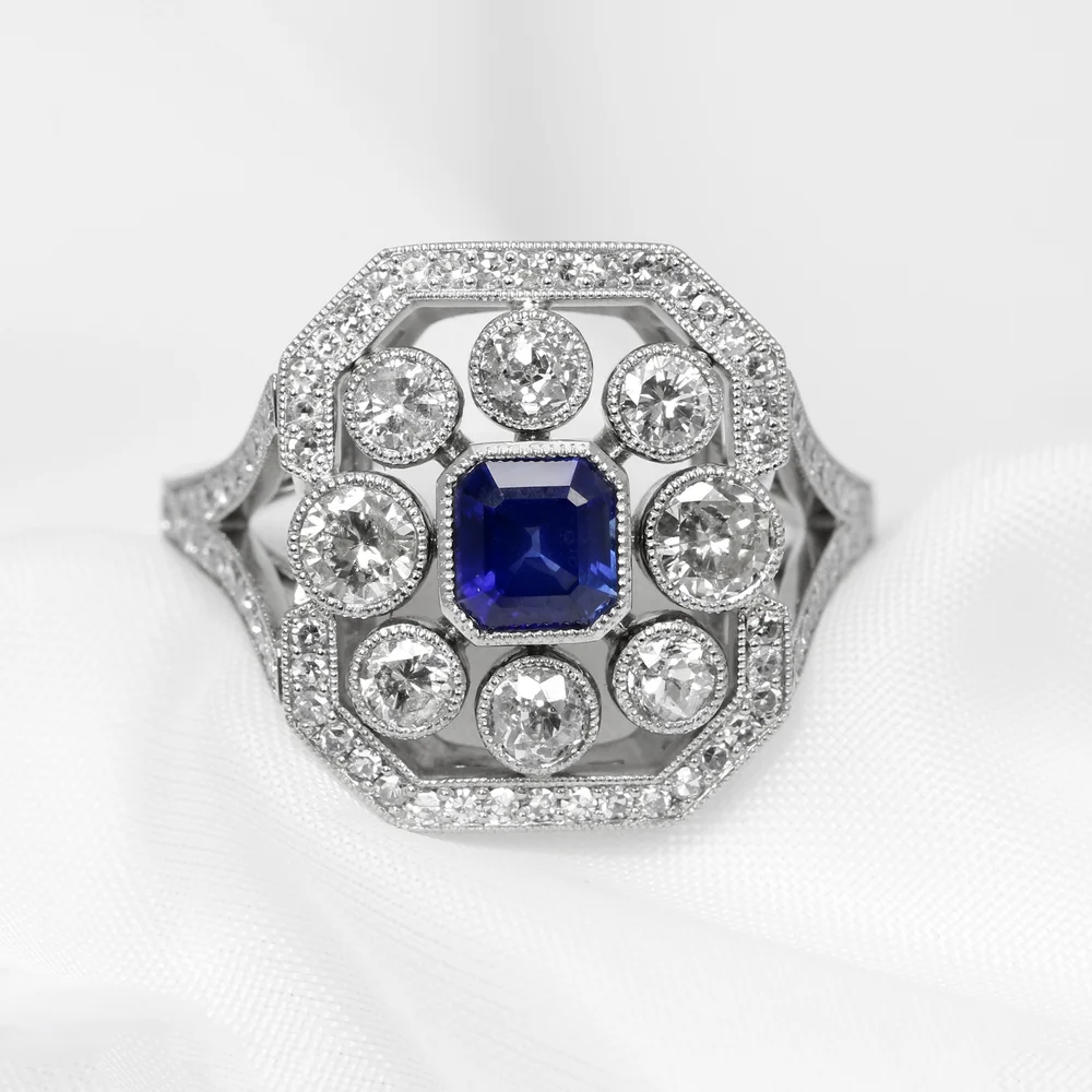 March 2023 - Remodelling work using client supplied sentimental diamonds. Platinum, Sapphire & Diamonds 4