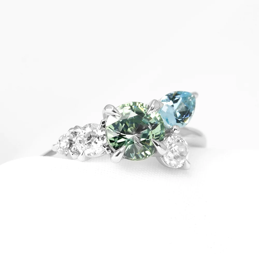 May 2022 - Green Sapphire, Aquamarine and Diamonds in Platinum
