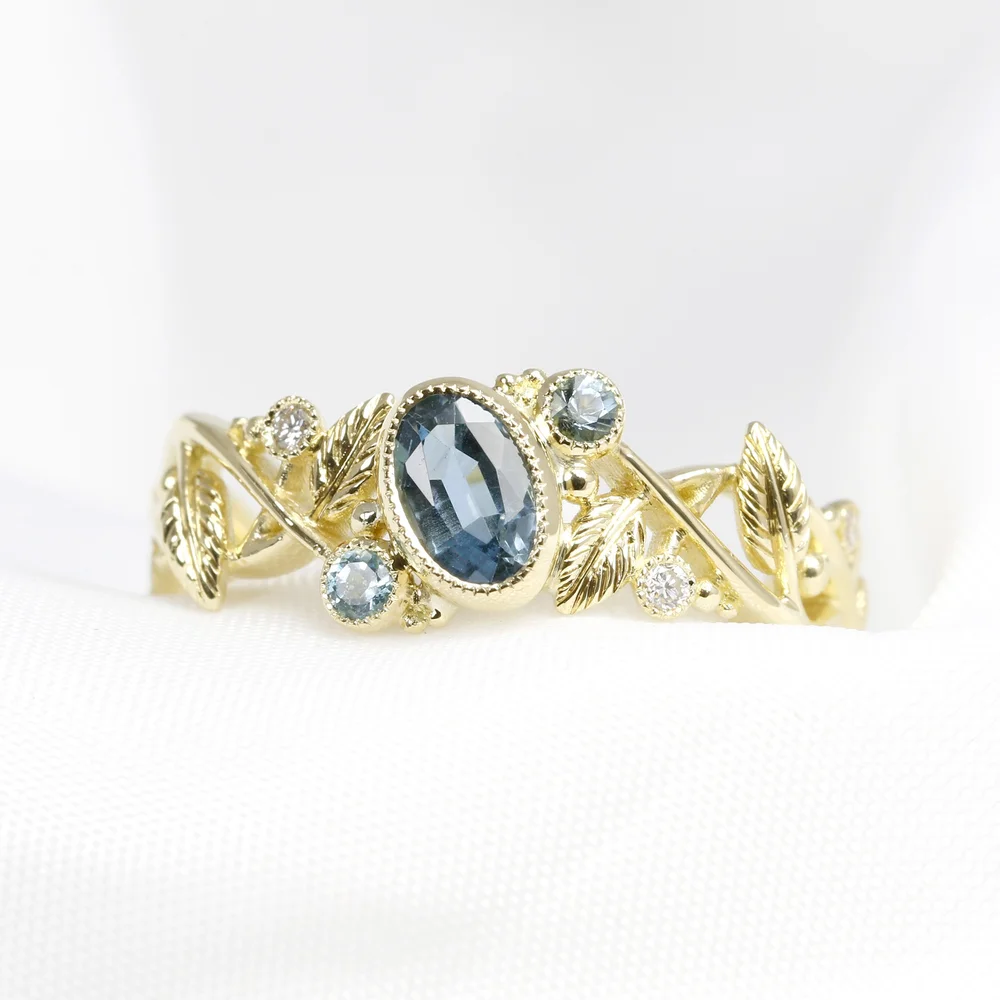 May 2023 - Aquamarine and Diamond in Yellow Gold with Hand Engraved Leaves 1