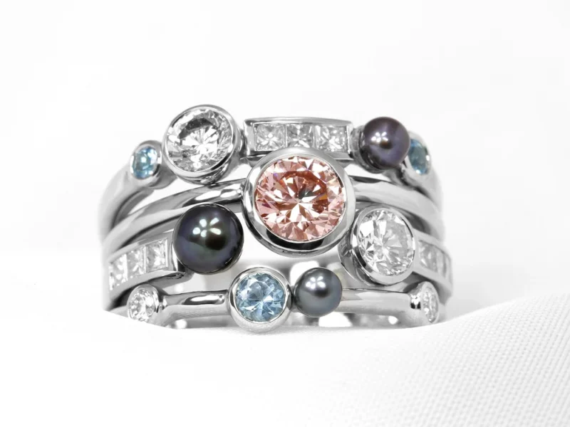 November 2023 - Lab-Created Pink & Blue Diamonds, Round & Princess Diamonds, Freshwater Pearls in Platinum
