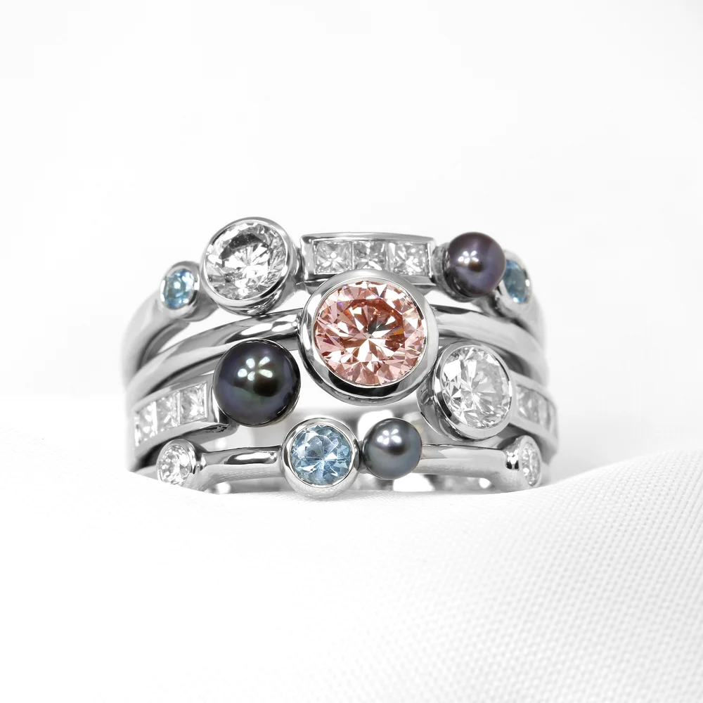 November 2023 - Lab-Created Pink & Blue Diamonds, Round & Princess Diamonds, Freshwater Pearls in Platinum
