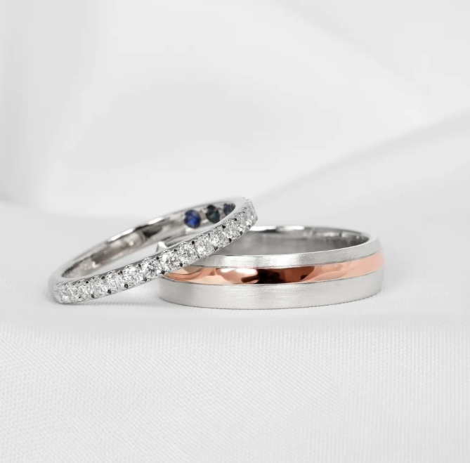 October 2022 - Bespoke Wedding Rings In Platinum with Diamonds & Sapphires and White & Rose Gold