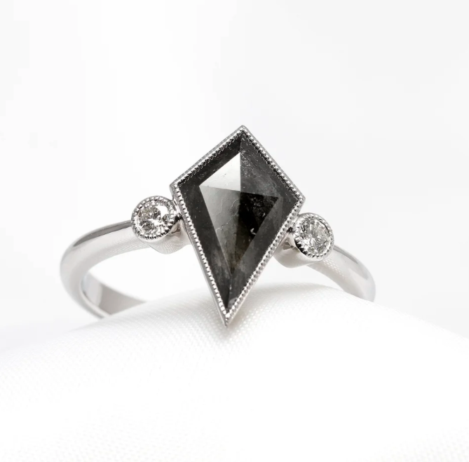 October 2022 - Salt & Pepper Kite Shape Diamond with Round Diamonds in White Gold