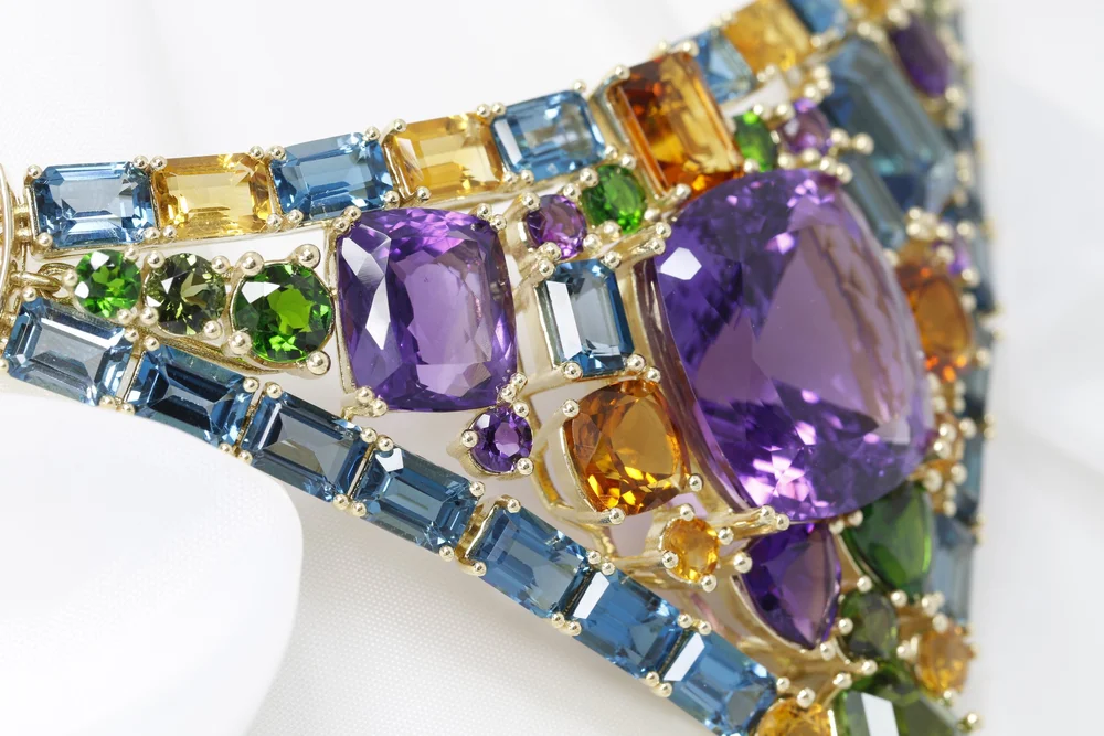 October 2024 - Amethyst, Topaz, Citrine, Chrome Diopside, Tourmaline in Yellow Gold with Freshwater Black Pearls 1