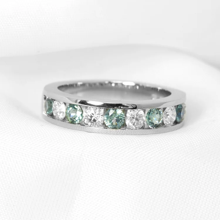 Teal Sapphire and Diamond Eternity Ring in Platinum