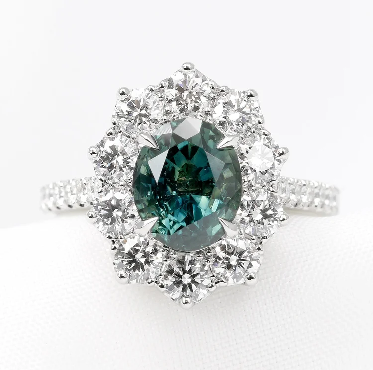 Teal Sapphire and Diamonds in Platinum